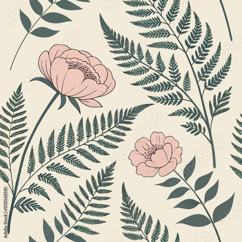 Seamless dusty rose peony and fern floral pattern