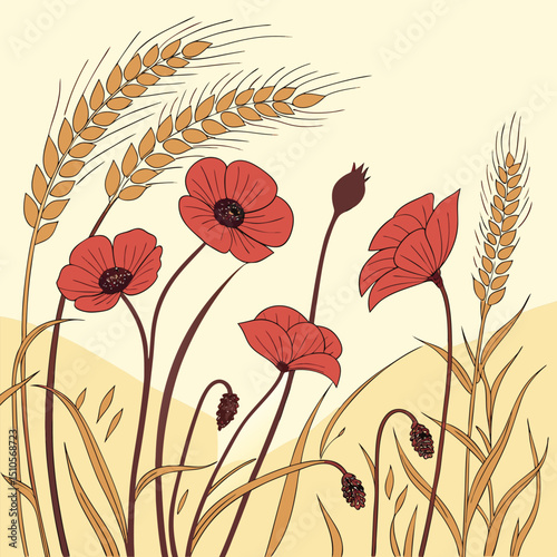 Seamless rustic floral pattern with red poppies and wheat