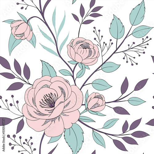 Seamless pastel rose and peony floral pattern