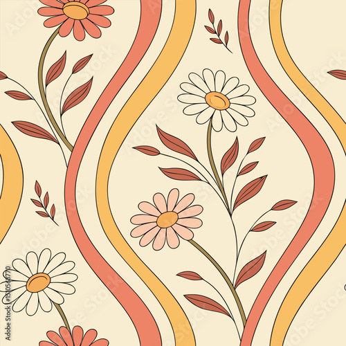 Seamless retro floral pattern with daisy chains and groovy vibes