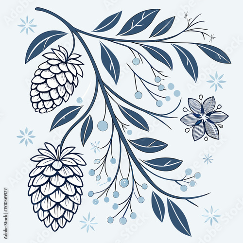 Seamless scandinavian winter floral pattern with pinecones