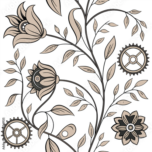 Seamless steampunk floral pattern with metal petals