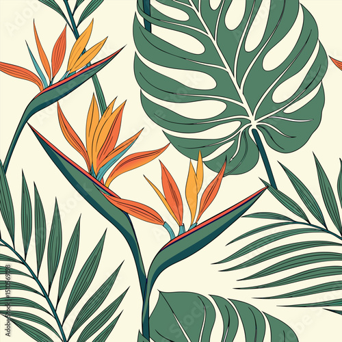 Seamless tropical floral pattern with bird of paradise