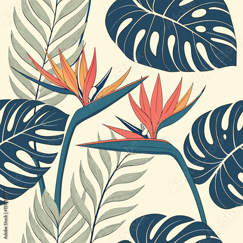 Seamless tropical floral pattern with bird of paradise flowers