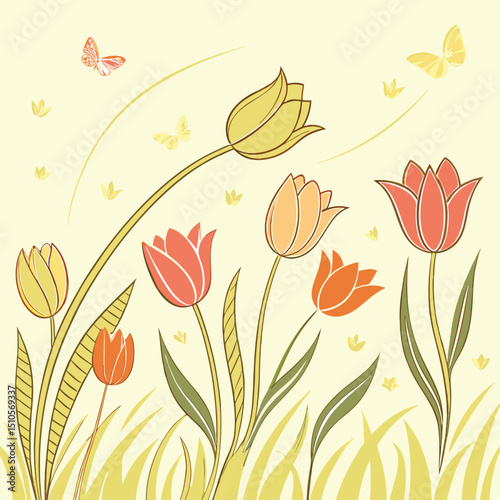 Seamless sunny tulip garden pattern for spring designs