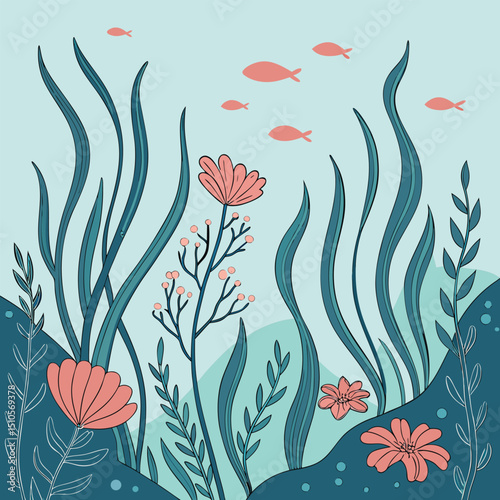 Seamless underwater floral pattern with coral flowers and sea life