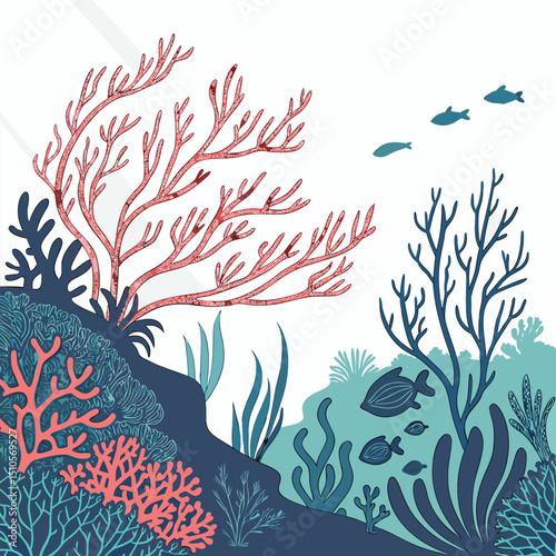 Seamless underwater floral garden pattern with vibrant coral reef elements