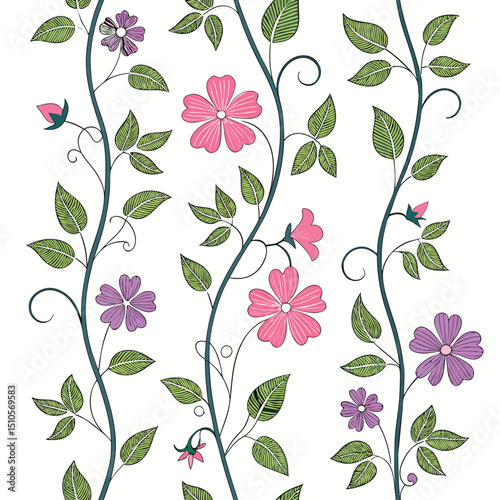 Seamless vertical floral vines pattern climbing plants design