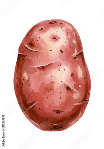 Watercolor painting of a red potato with eyes on a red background