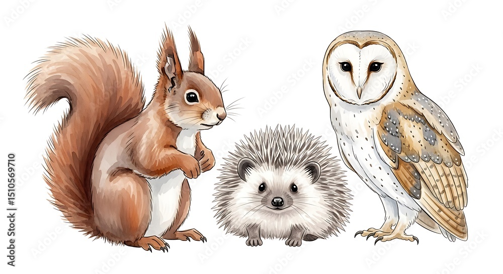 Fototapeta premium A charming illustration featuring an owl, squirrel, and hedgehog.