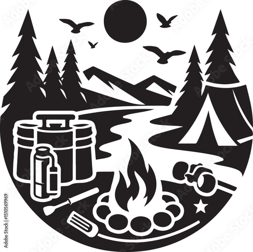 Camping Scene Clipart – Campfire, Tent, Nature, Mountains, and Outdoor Gear

