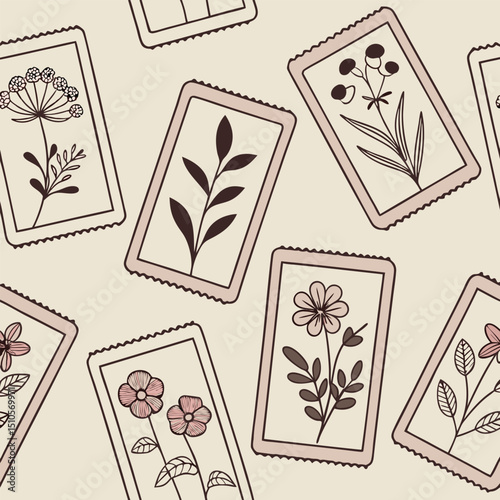 Seamless vintage floral pattern seed packet collage design