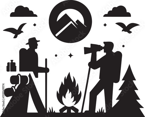 Hiking and Camping Adventure Silhouette – Outdoor Nature Exploration Clipart

