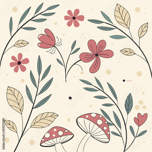 Seamless whimsical flower and mushroom pattern
