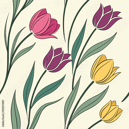 Seamless watercolor tulip repeat pattern bright spring floral design
