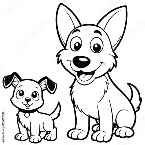 Cartoon Puppy and Adult Dog Sitting Together - Happy Playful Dog Illustration