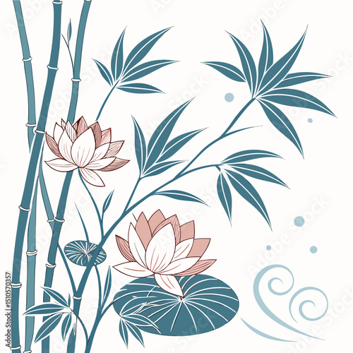 Seamless zen floral pattern with lotus flowers and bamboo
