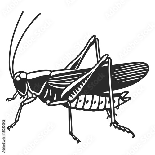 Grasshopper Side View, Black and White Insect Drawing with Detailed Lines