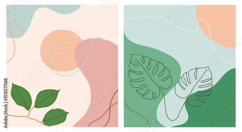 Modern botanical illustration of continuous line leaf drawing with soft pastel abstract shapes. Perfect for contemporary wall art, prints, greeting cards etc.