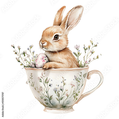 Easter Bunny Inside Cup With Flowers PNG Transparent Background Isolated