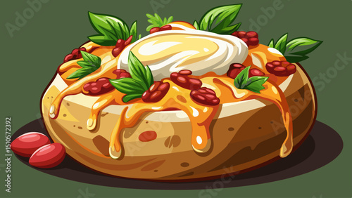 A loaded baked potato topped with melted cheese, crispy bacon, and drizzled with sour cream and herbs.
