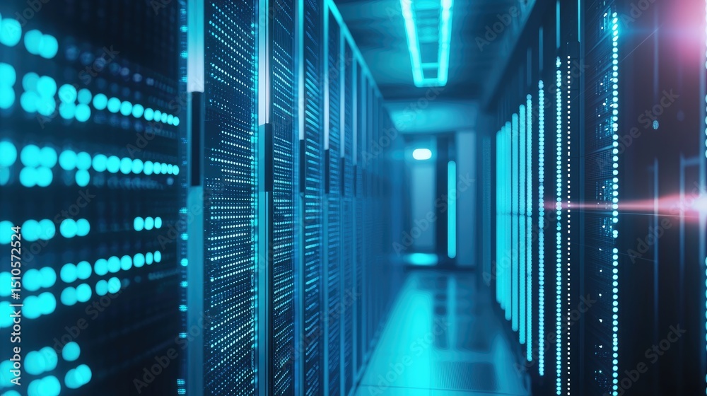 Fototapeta premium Futuristic data center corridor with glowing blue server racks and LED indicators, ideal for illustrating modern cloud infrastructure, cybersecurity, and digital technology systems