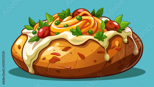 A loaded baked potato topped with melted cheese, crispy bacon, and drizzled with sour cream and herbs.