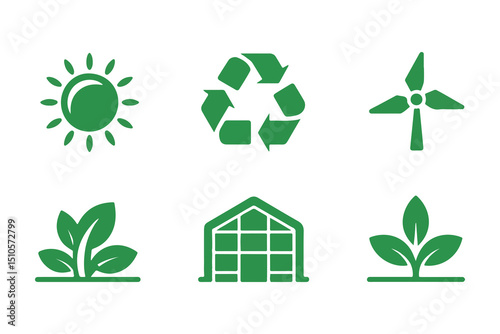 Green ecology icons including solar, recycle, wind, plant and greenhouse show on white