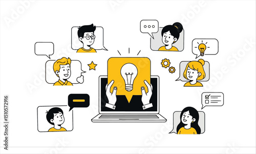 Collaborative Learning and Idea Exchange: Fostering Innovation in Digital Environments. symbolizing new ideas, communication, and collective intelligence in a digital setting.