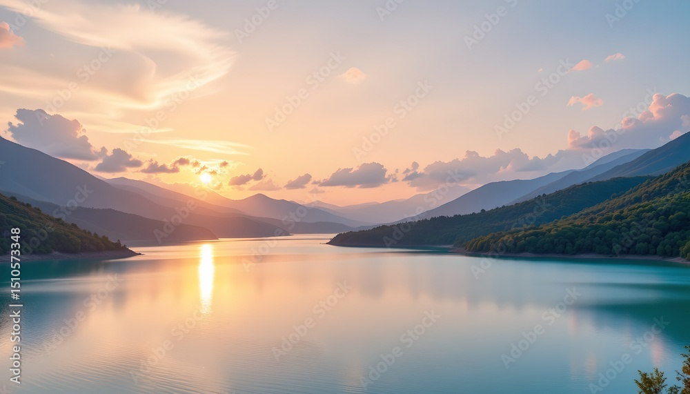 Fototapeta premium Golden Reflections Over Tranquil Mountain Lake