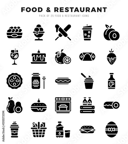 Food and Restaurant Icons Pack Glyph Style. Vector illustration.