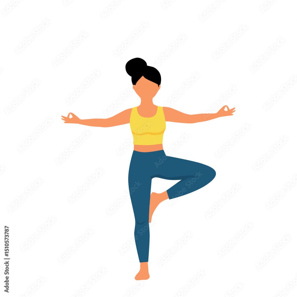 Obraz premium Flat style vector of a woman doing yoga in tree pose with one leg up and arms open. Suitable for wellness, spiritual, and healthy lifestyle conten