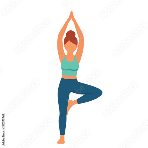 Flat vector illustration of a woman in tree pose with arms raised above her head. Perfect for health, yoga, mindfulness, and balance-related visuals