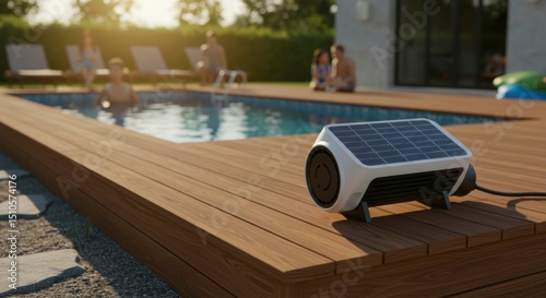 Solar-powered pool heater on wooden deck, near a pool with people relaxing
