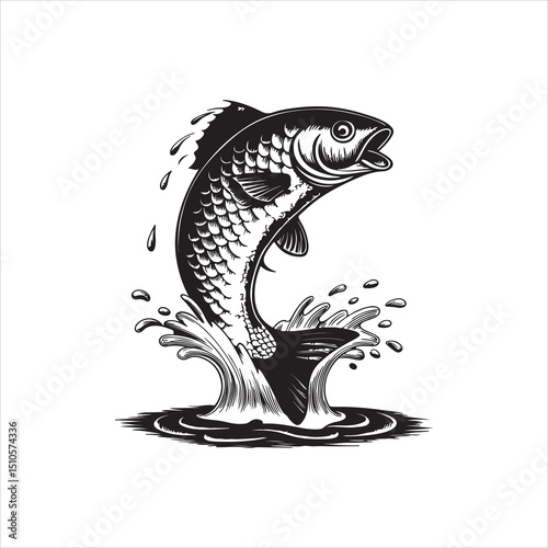 Jumping Fish Illustration – Black and White Stylized Fish Design