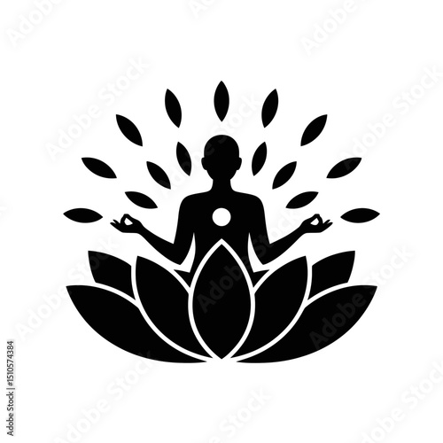A silhouette of a person sitting cross-legged in a meditative pose is surrounded by lotus petals and leaf-like shapes.
