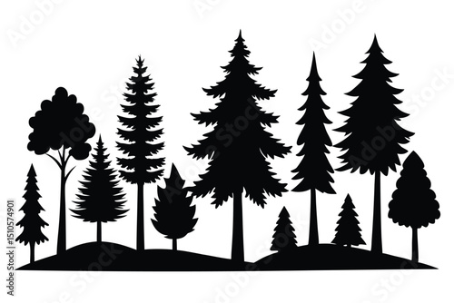 Silhouettes of various trees in a forest landscape