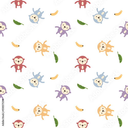 Wallpaper Mural Monkey colorful cartoon so cute. On banana leaf white background. Pattern seamless vector illustration.  Torontodigital.ca
