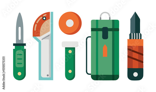 Collection of camping and outdoor tools and equipment
