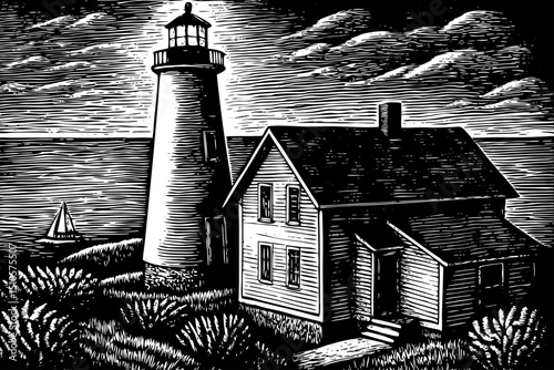 Lighthouse sketch on seashore with house black and white hand drawn outline vector