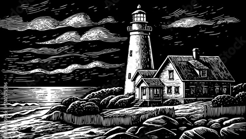 Lighthouse sketch on seashore with house black and white hand drawn outline vector