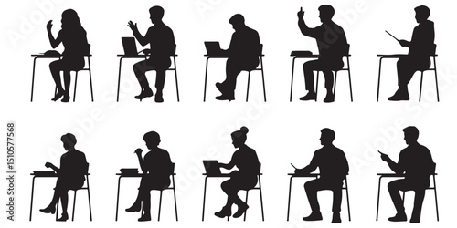 student in classroom silhouettes Students Sitting at Desks Classroom Silhouettes, Students Sitting at Desks in Various Poses, 