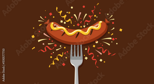 Decorative sausage on fork with confetti and colorful background, Oktoberfest theme 