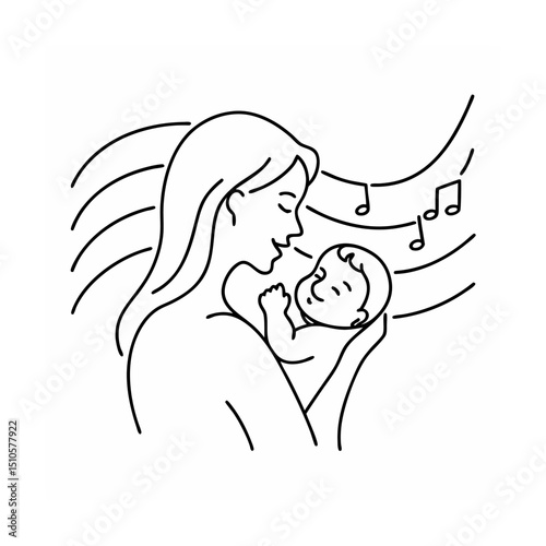 Mother singing lullaby to sleeping baby line art illustration