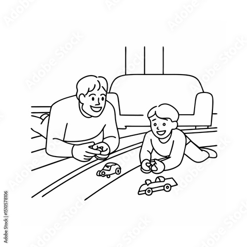 Father and son playing with toy cars line art illustration