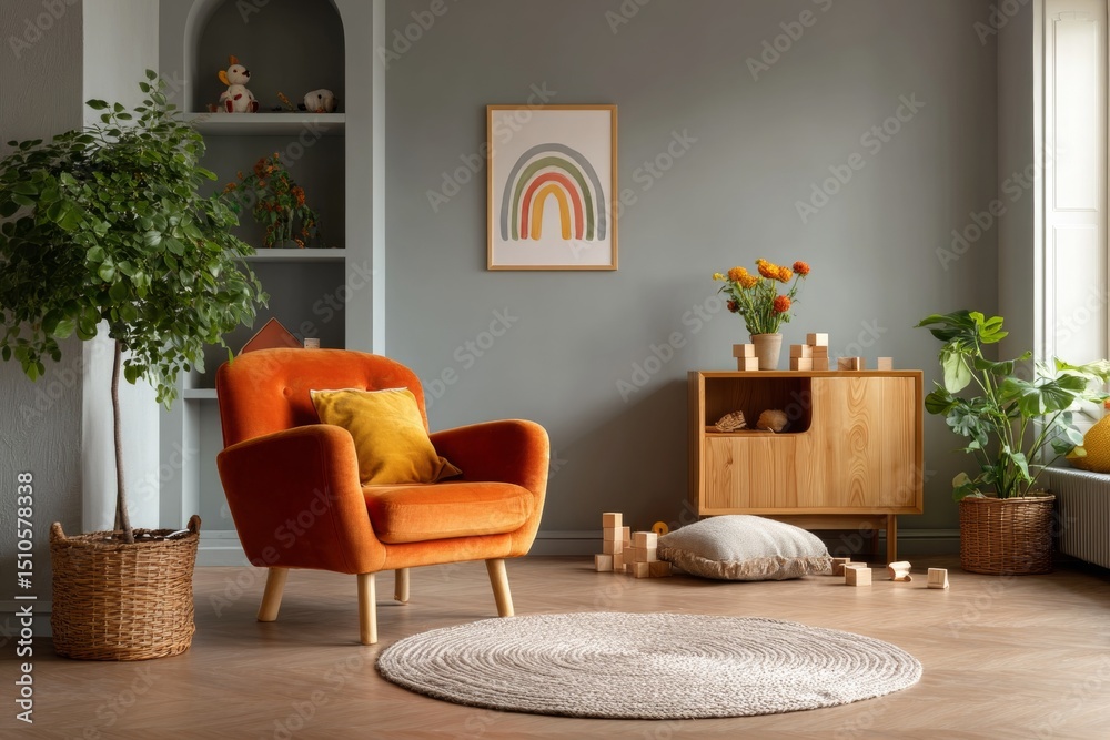 Obraz premium The living room showcases a modern and cozy interior with an orange armchair, wooden furniture, plants, and a comfortable seating area. The neutral color scheme creates a calm and inviting space.