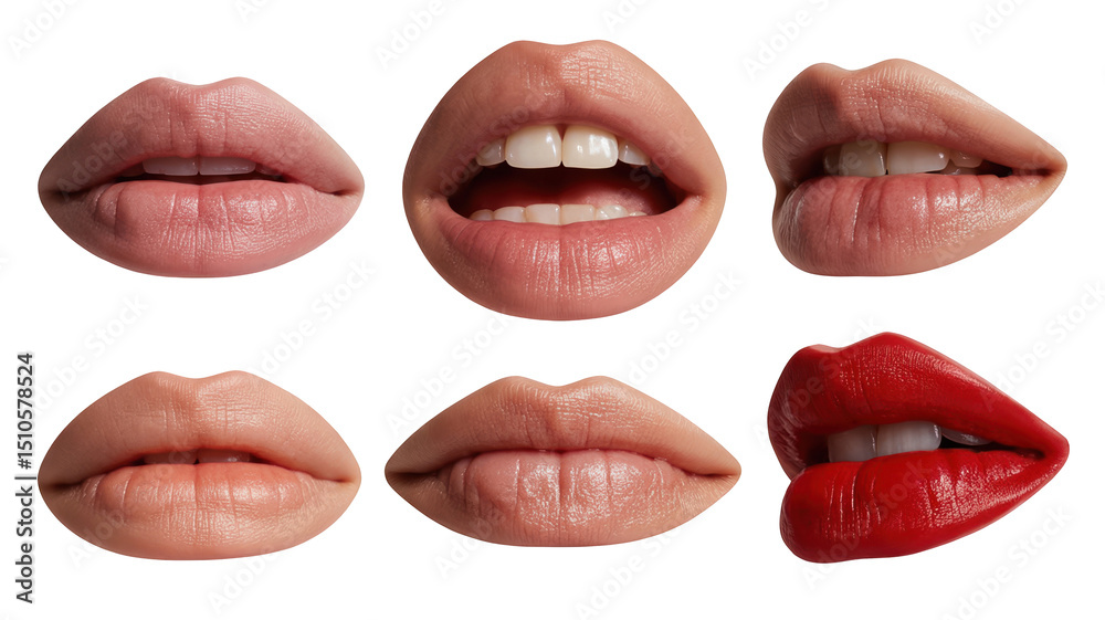 Obraz premium Six isolated images of glossy female lips expressing various emotions, including happiness, anger, sadness, and seduction, perfect for beauty, cosmetics, and communication projects