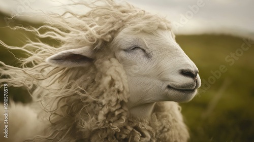 Curly-fleeced sheep standing peacefully with eyes closed as the wind blows through its wool on a rural hillside