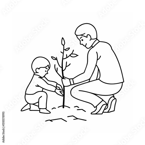 Father and son planting a young tree line art illustration