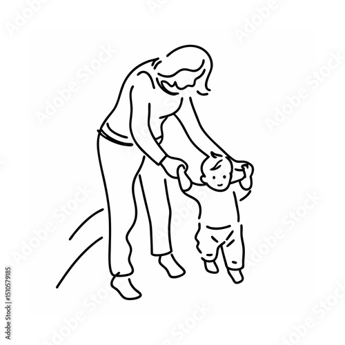 Mother helping baby take first steps line art illustration